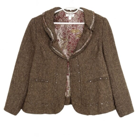Coldwater Creek Brown Tweed Studded Chiffon Trim Blazer Jacket Plus Size 20 - Picture 1 of 13